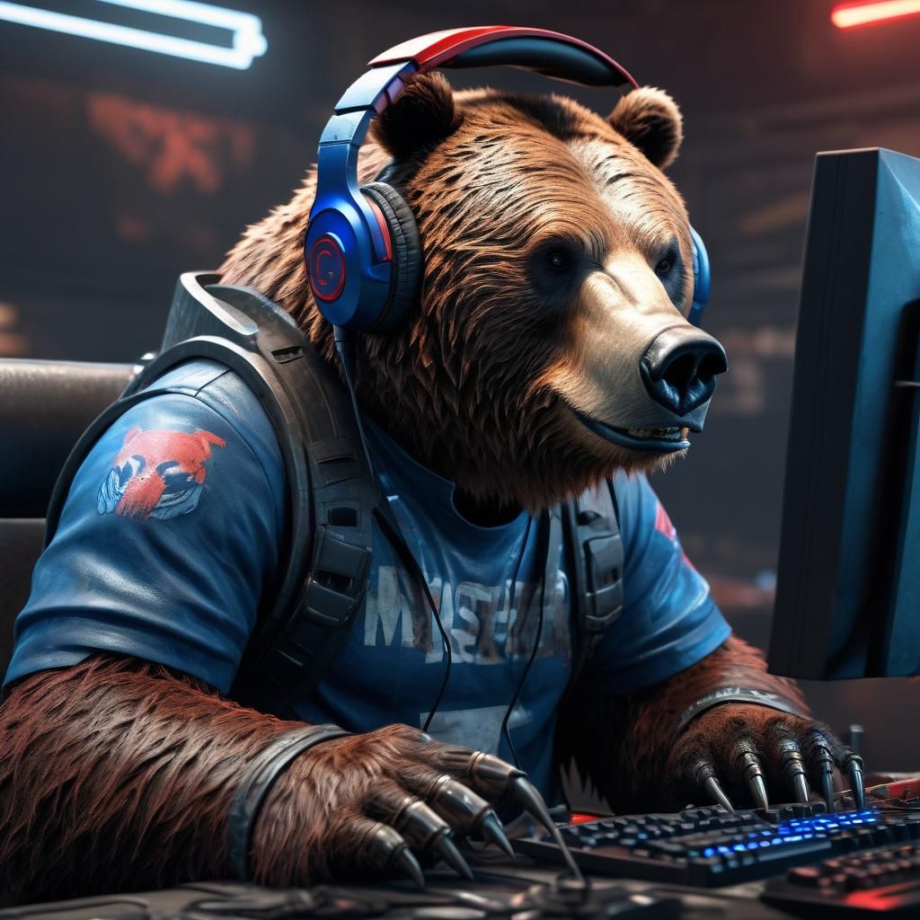 Futuristic Grizzly Bear Gamer in Cyberpunk Style