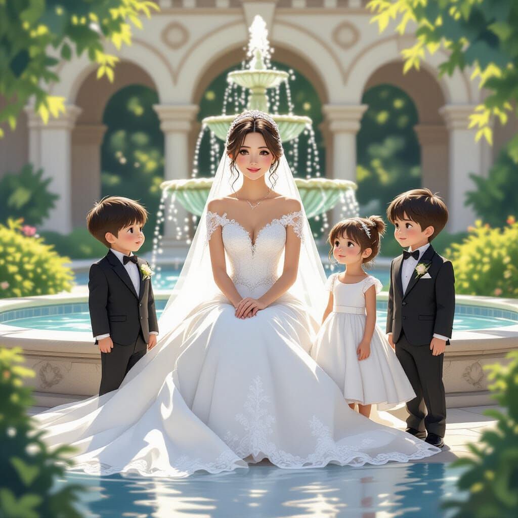 Bride at Fountain with Children, Painterly Style