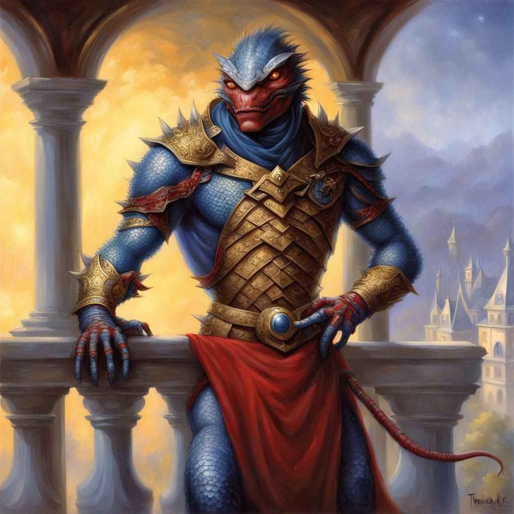 Regal Lizardman Overlooking Kingdom in Fantasy Style
