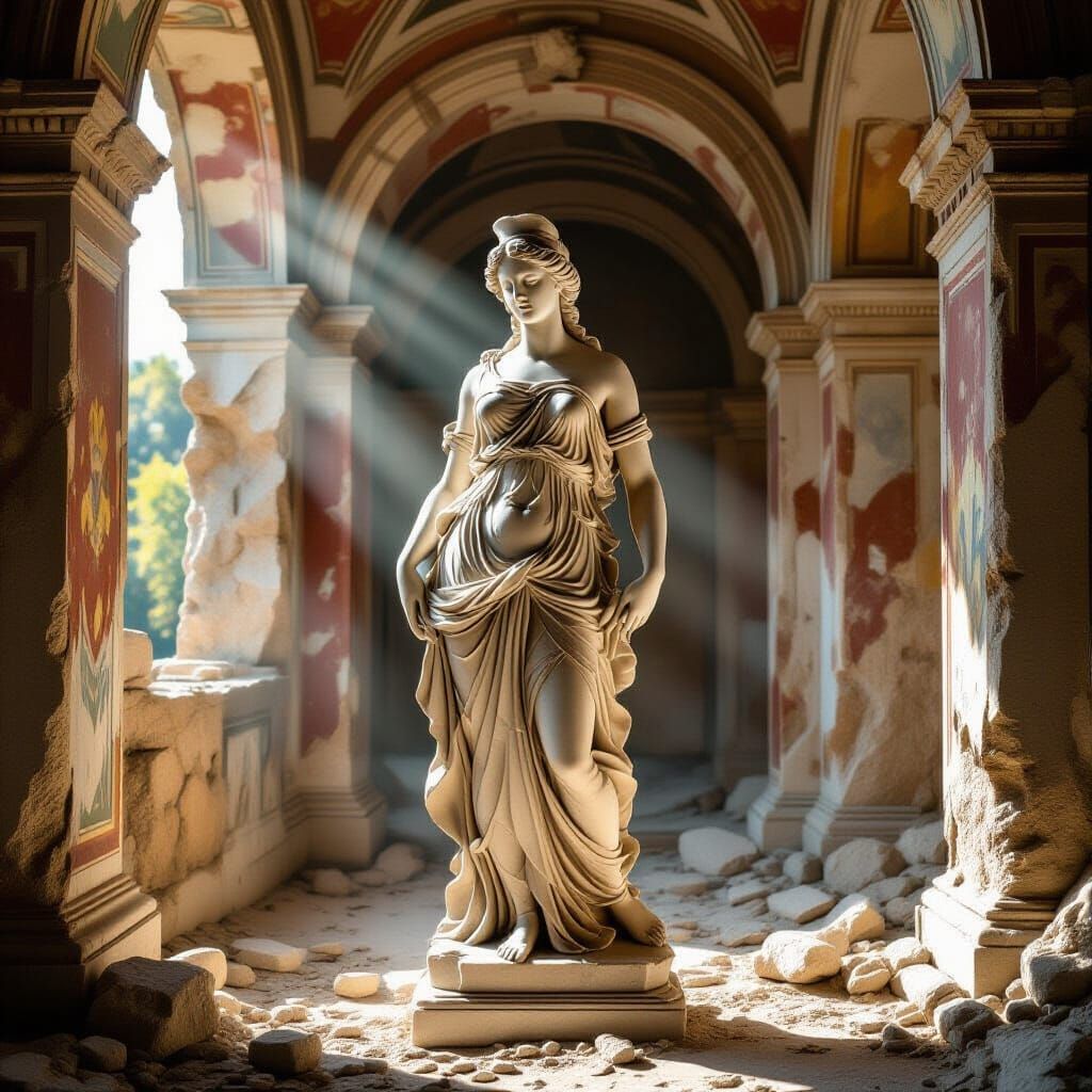 Michelangelo-Style Venus Statue in Ruined Temple