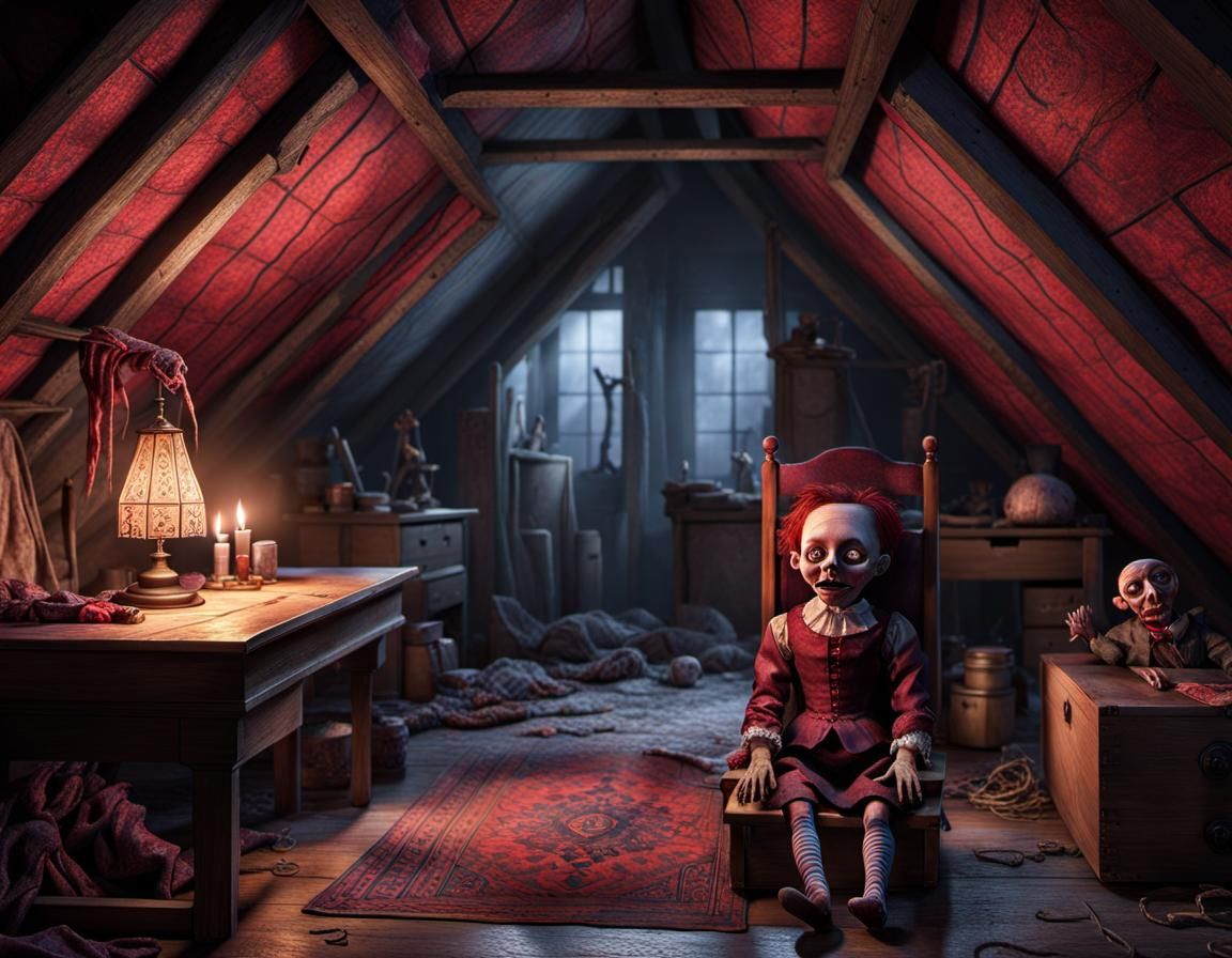 Sinister Ventriloquist Doll in Dark Cobwebbed Attic
