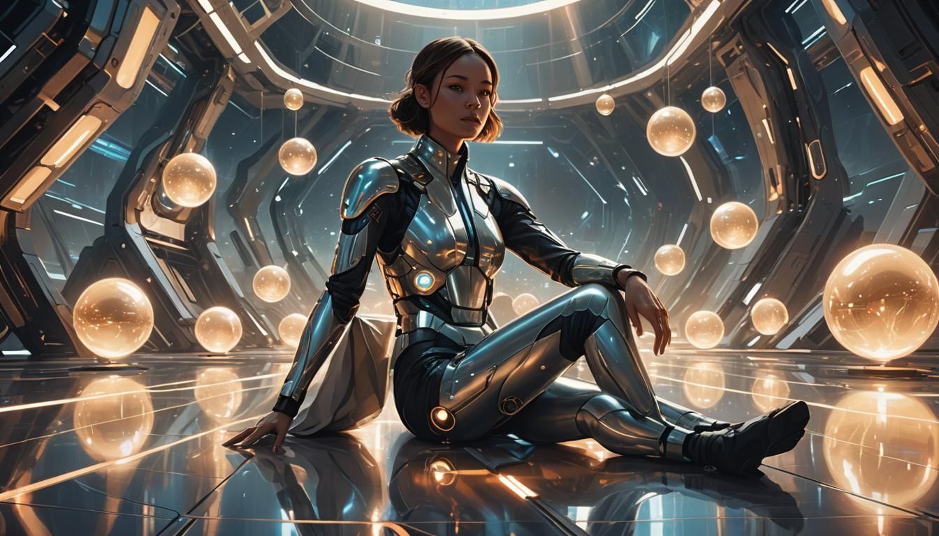 Ethereal Futuristic Woman Among Glowing Orbs in a Dreamlike....