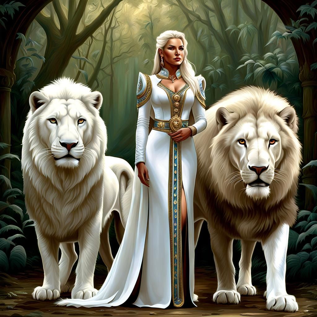 Woman and White Lion: Dramatic Fantasy Art