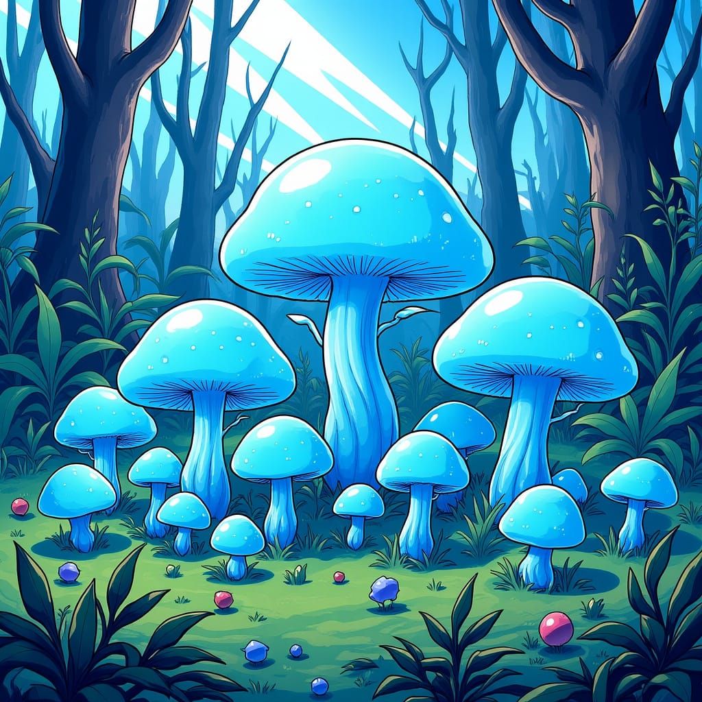 Anime style. In a sunny day, a group of crazy little twisted blue mushrooms huddle together, with their caps glowing wit...