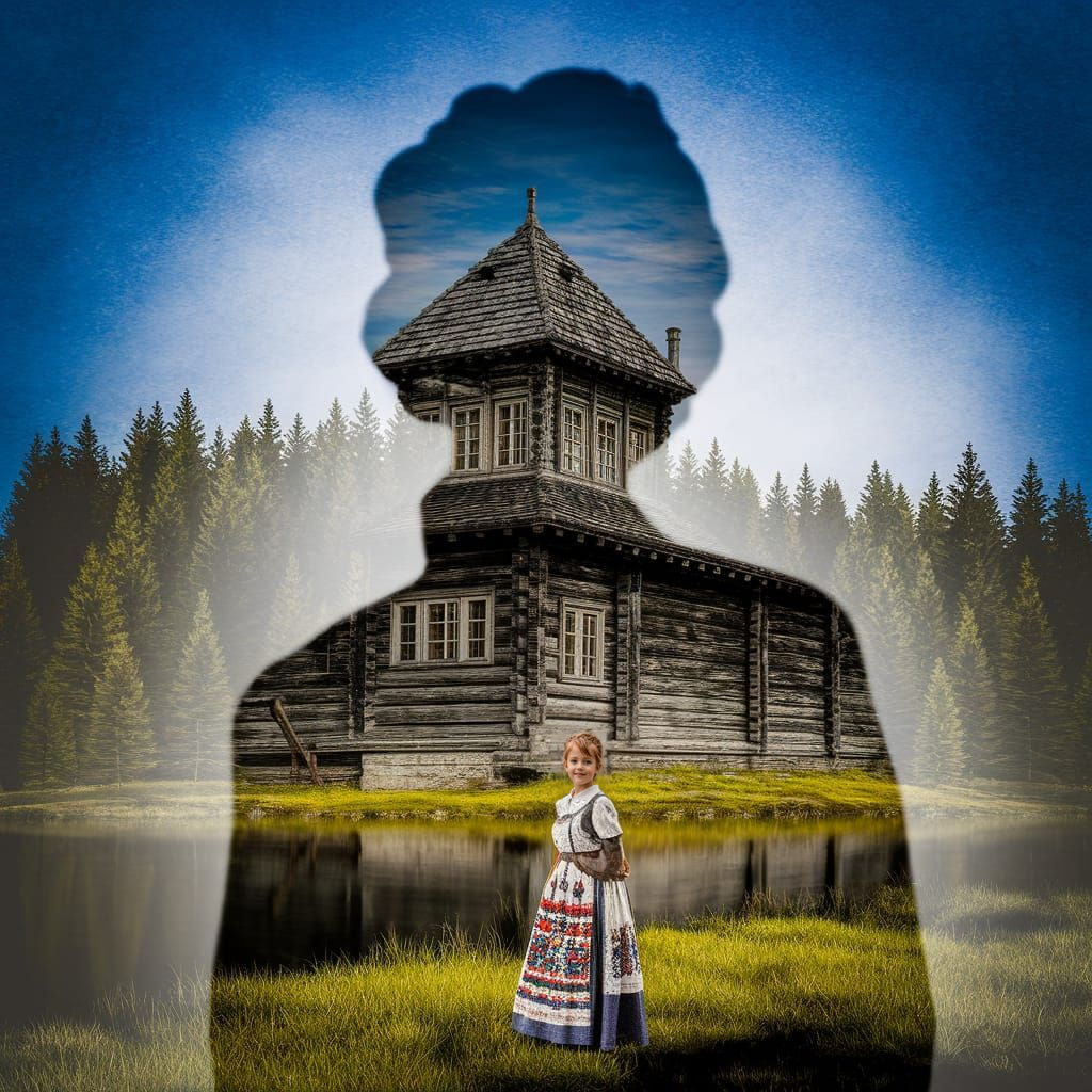 Ukrainian House with Woman Silhouette in Double Exposure