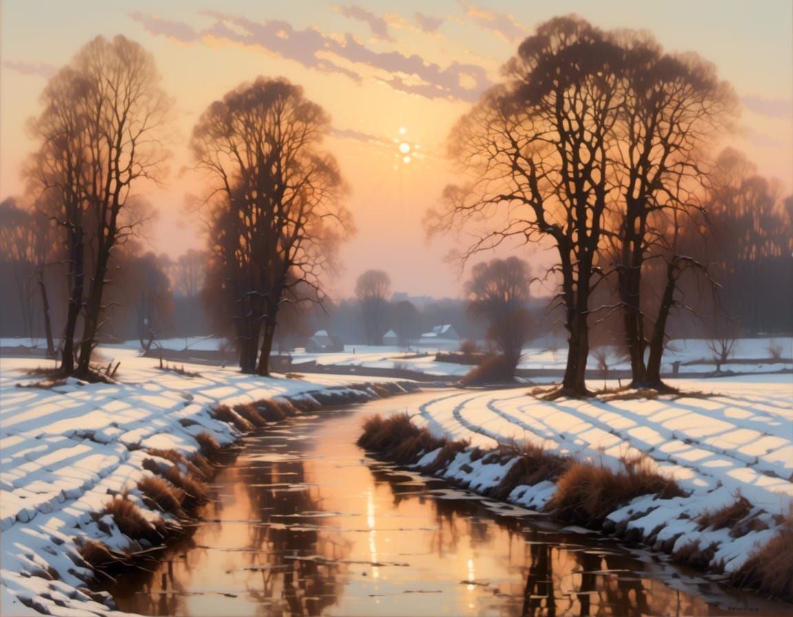 Winter Landscape with Sunrise in Dutch Painting Style