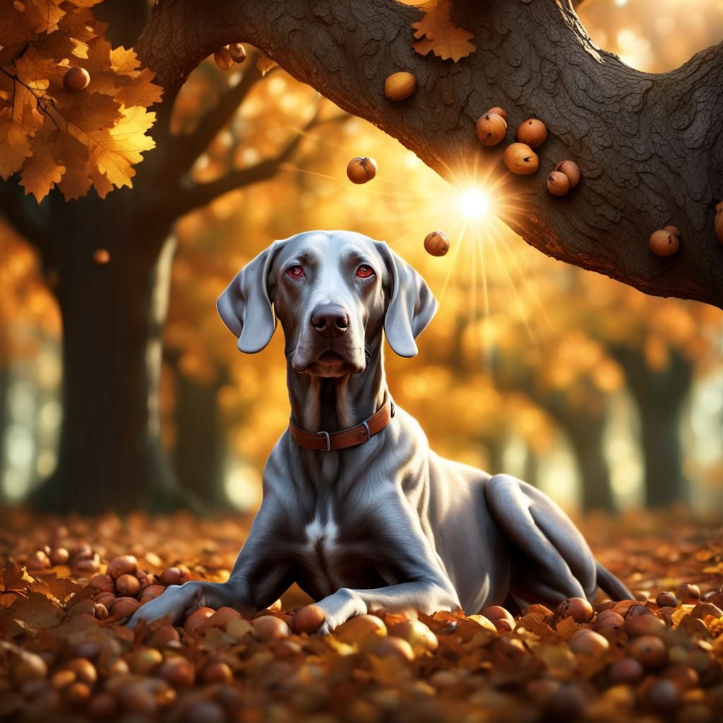Weimaraner Under Oak Tree: Hyperrealistic Close-Up