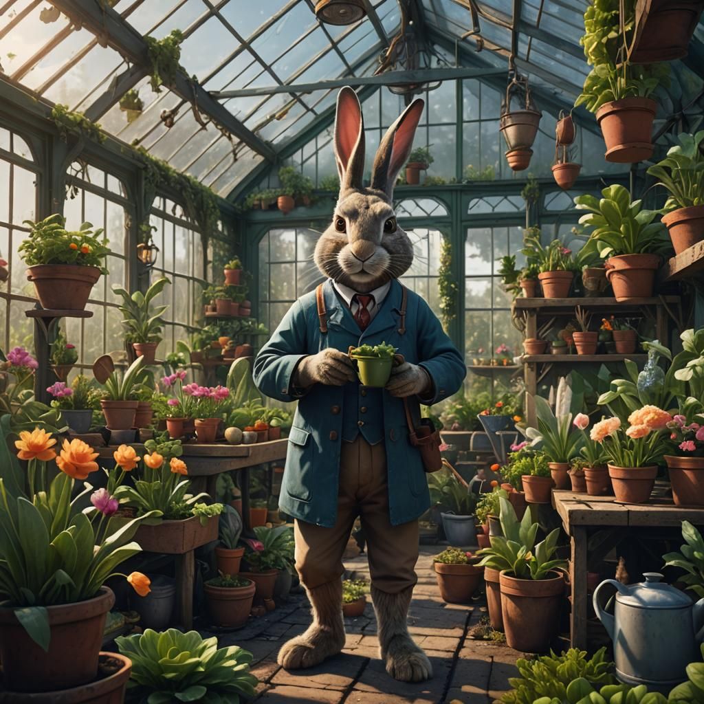 Rabbit Gentleman Gardener in Greenhouse Art