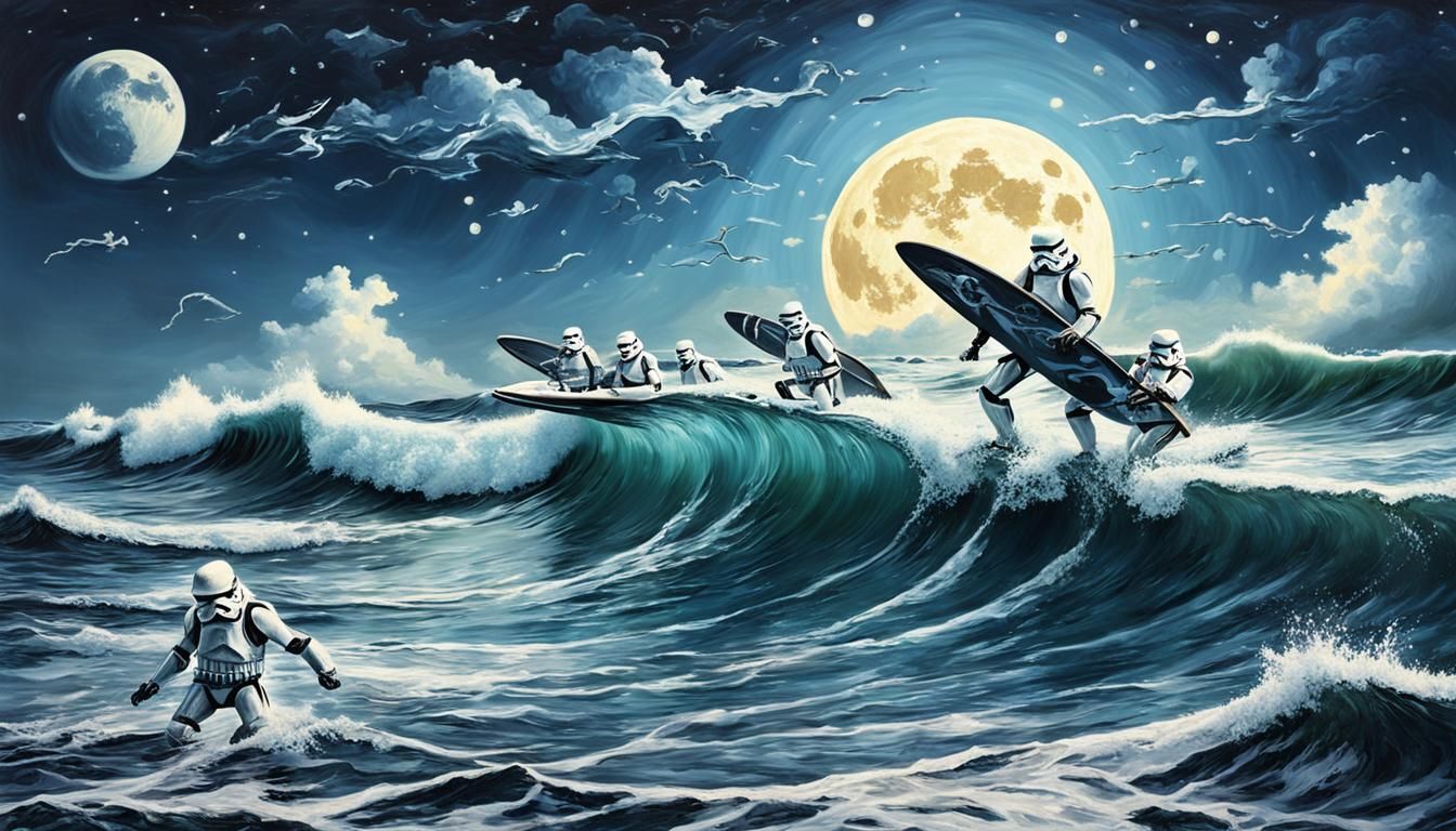 Stormtroopers Surfing Starry Waves in a Surrealist Style
