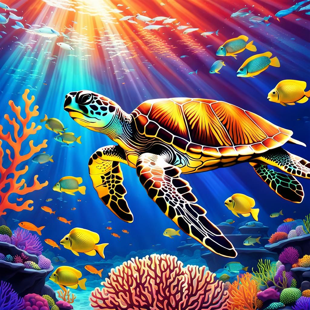 Sea Turtle Swimming Above Coral Reef in Digital Art