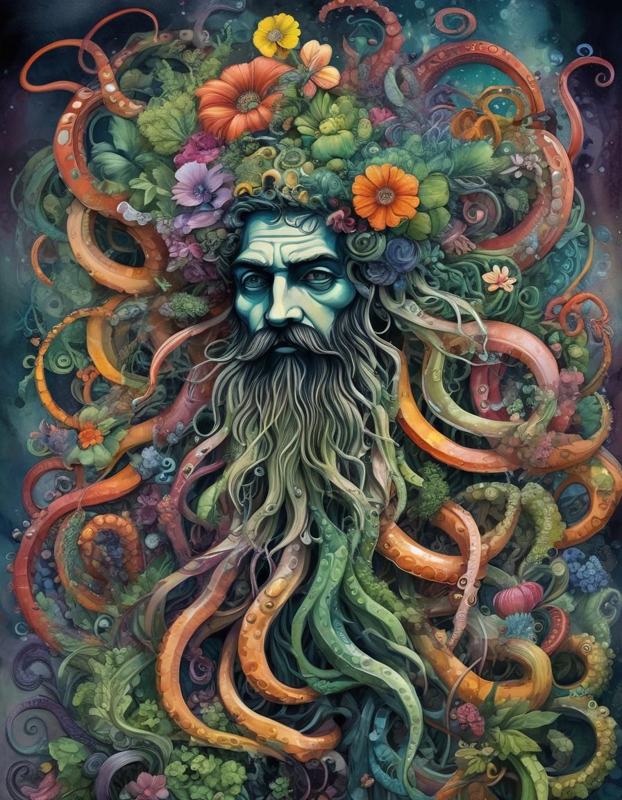 Biopunk Portrait with Floral Tentacle Beard as Cubist Art