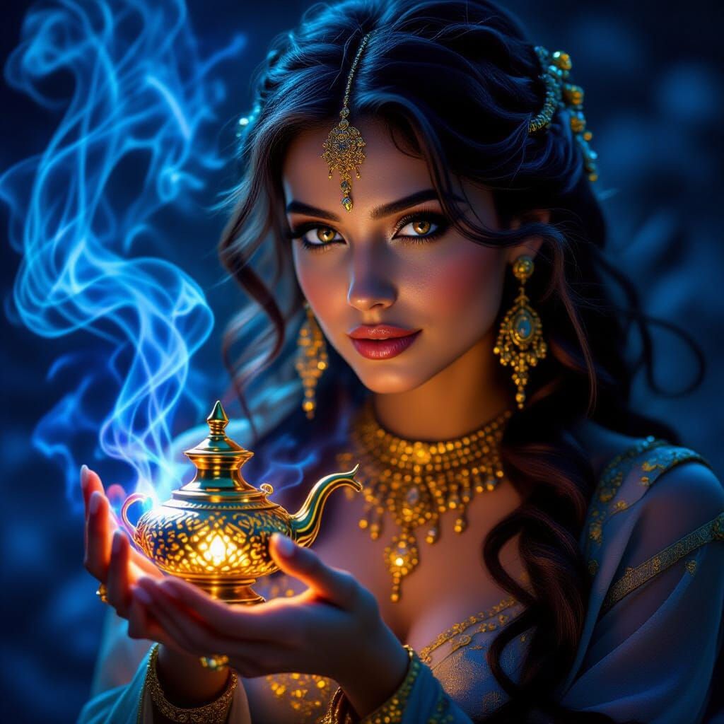 Beautiful Female Djinn With Magical Lamp
