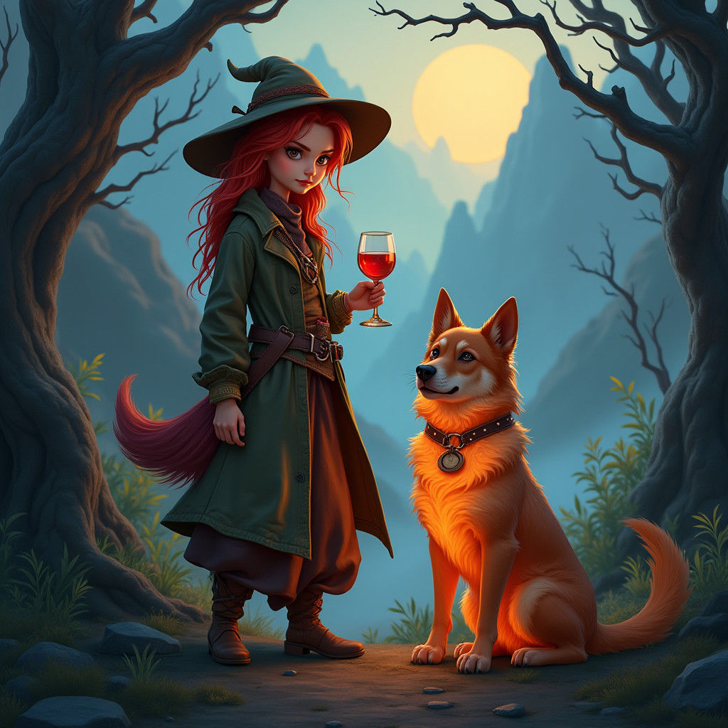 Redhead with Glowing Dog in Atmospheric Matte Painting