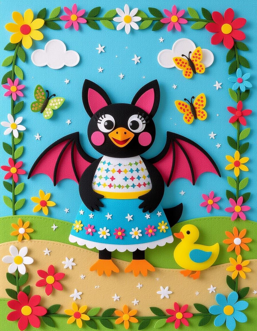 Felt Art Bat on Decorated Beach Holiday With Butterflies