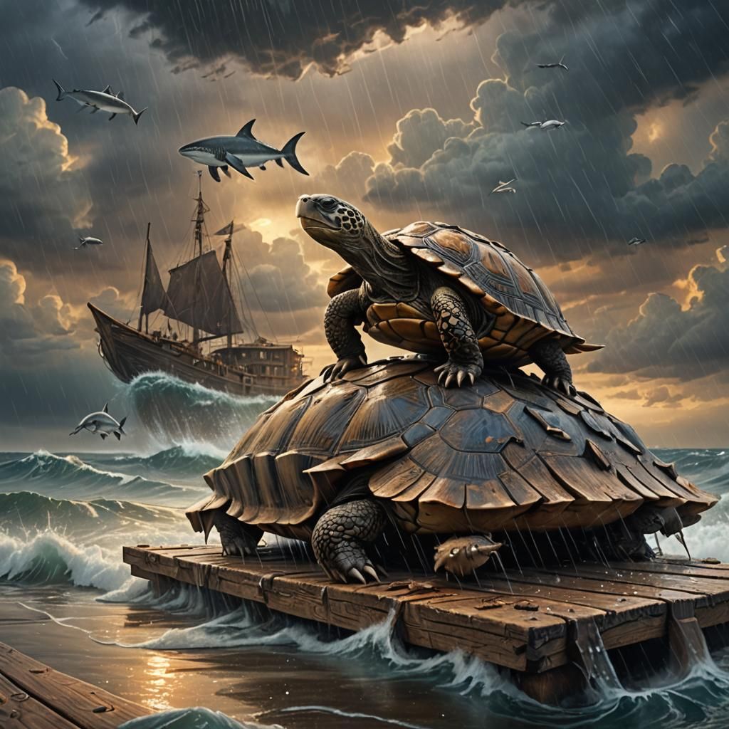 Tortoise on Raft in Stormy Seas