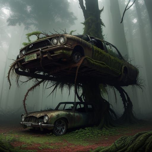 Nature Reclaims Rusted Car in Eerie Forest Concept Art