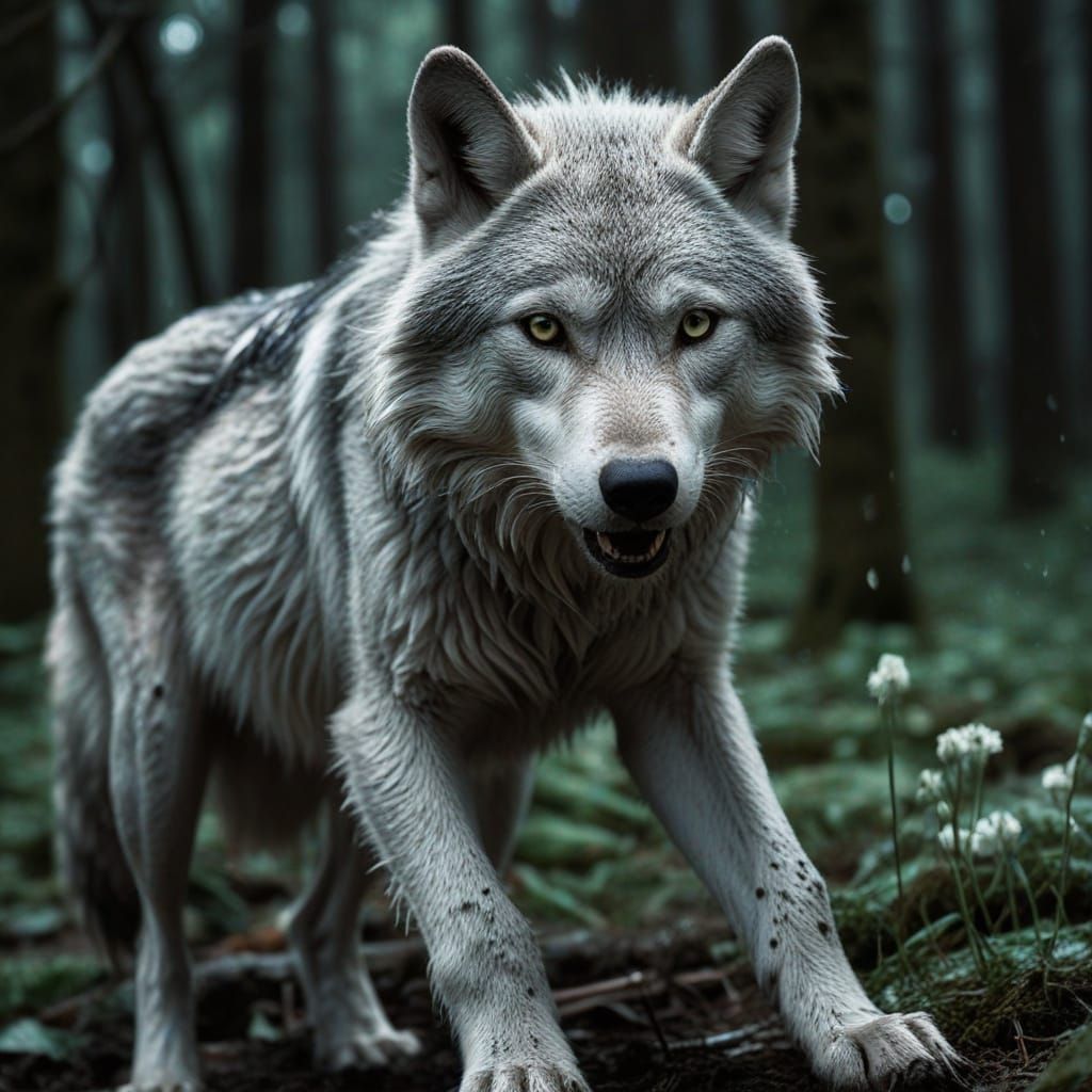 Surreal Wolf of Silver and Garlic in Moonlit Forest