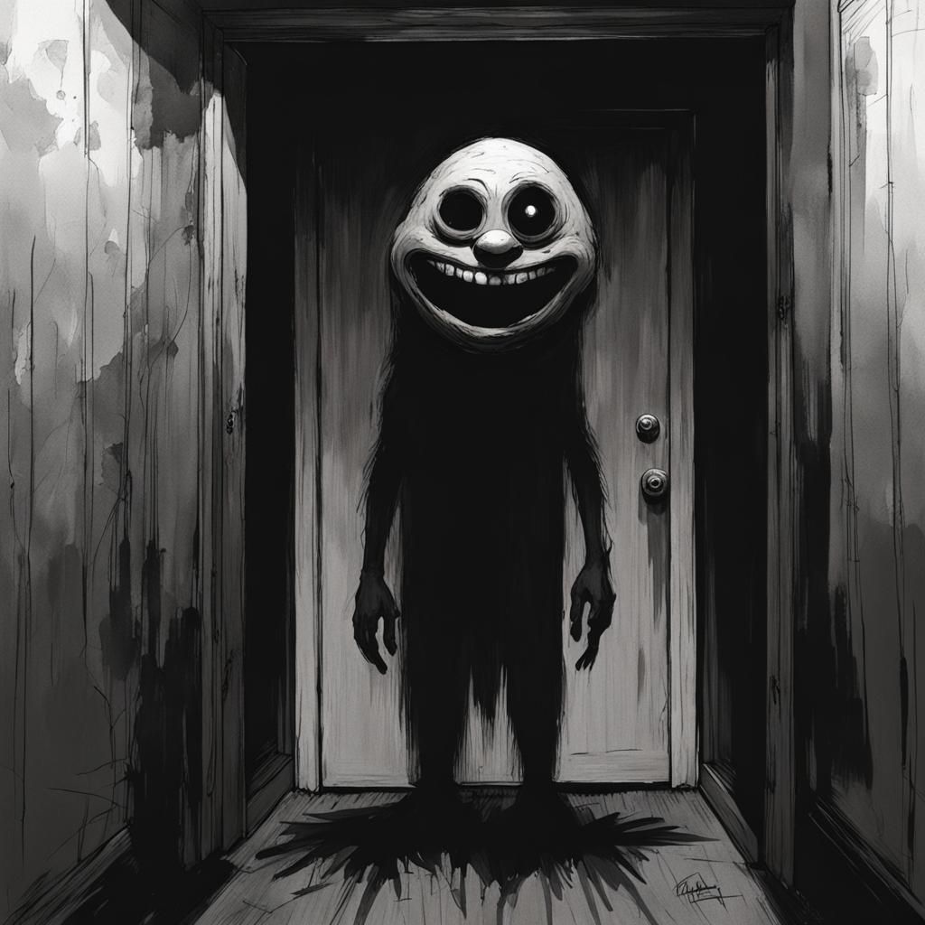 Sinister Figure Smiles in Dark Hallway