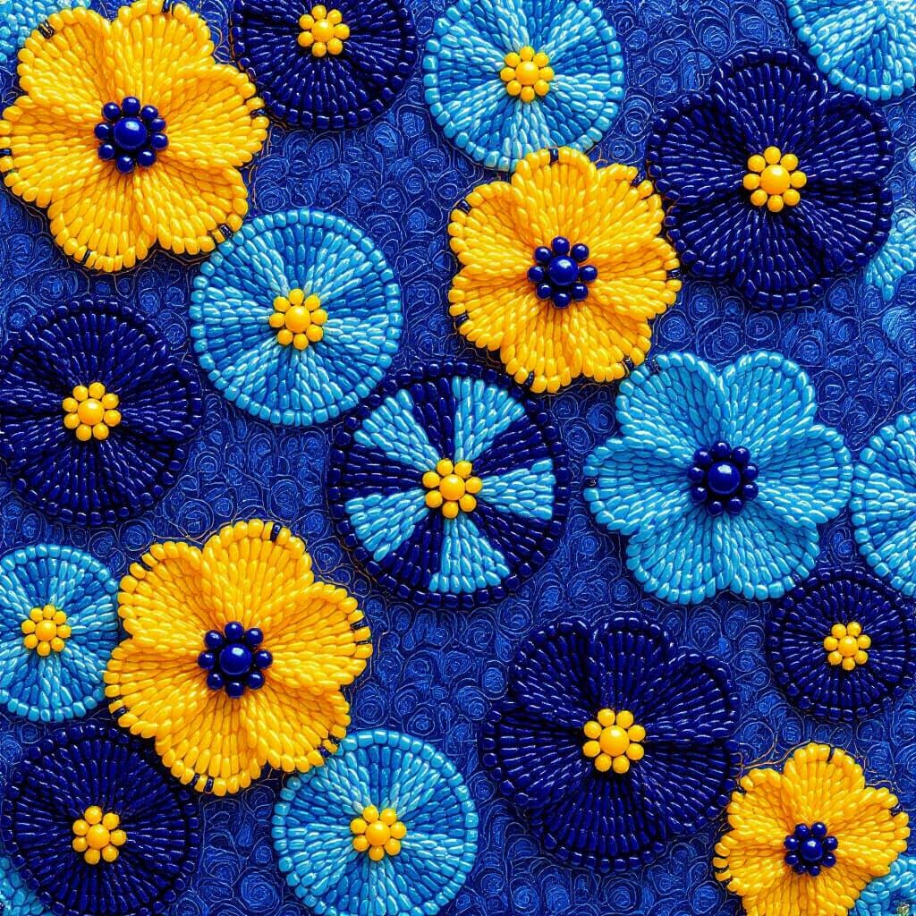 Beaded Impressionist Abstract Art in Blue and Yellow