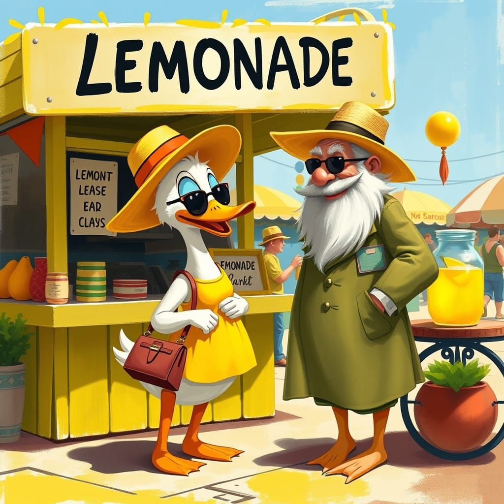Anthropomorphic Duck Visits Colorful Lemonade Stand in Class...