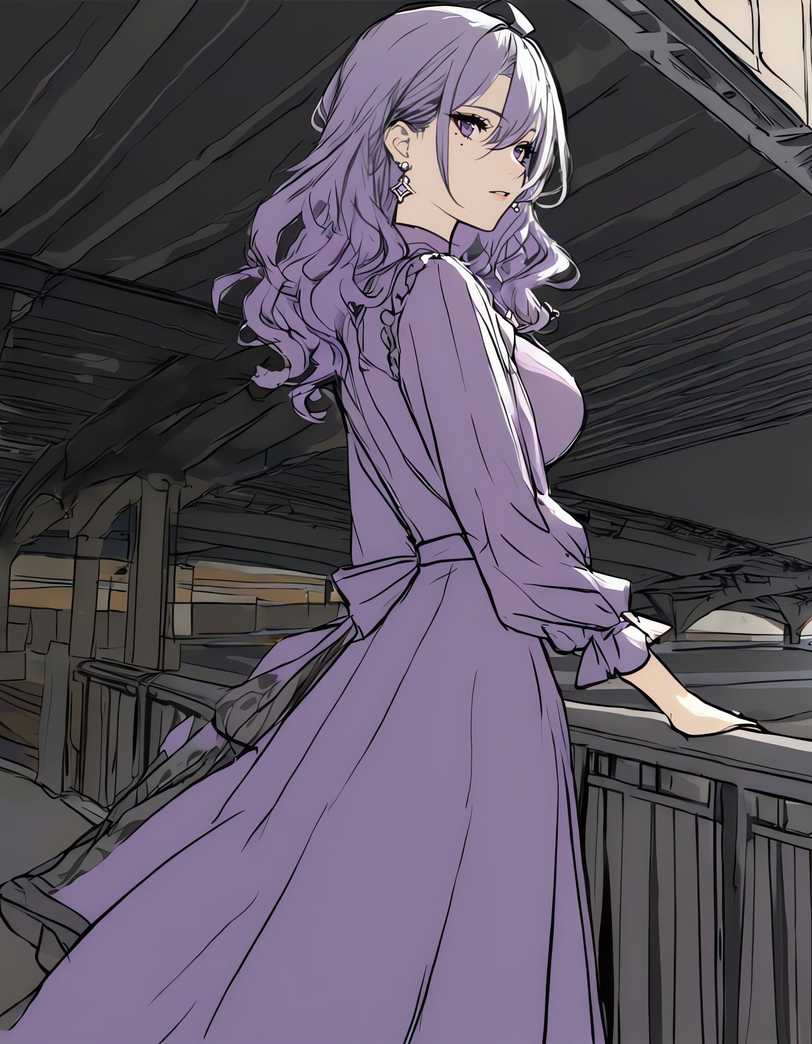 Woman in Long Purple Dress Standing Under Bridge at Night