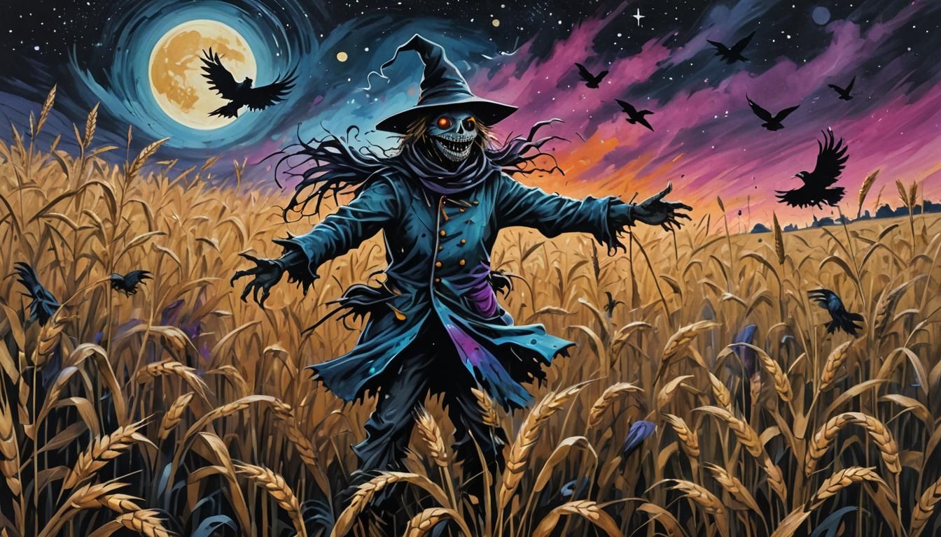 Mystical Scarecrow Attacks Crows with Magic: Graffiti Art