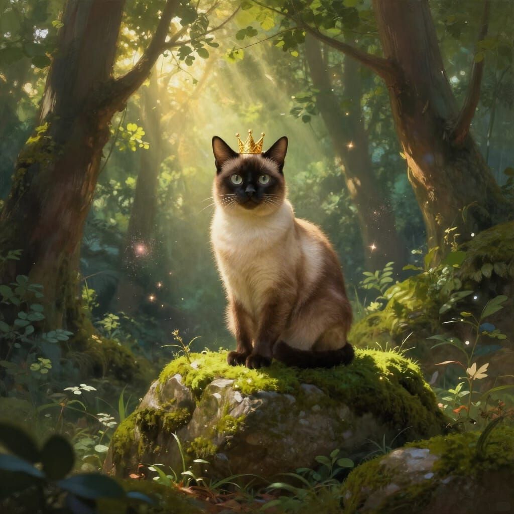 Majestic Cat in Crown in Sun-Dappled Forest Clearing