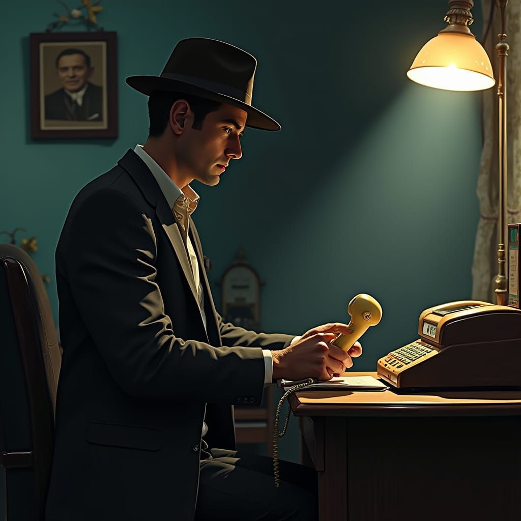 Man With Phone in Lit Environment, Digital Art Style