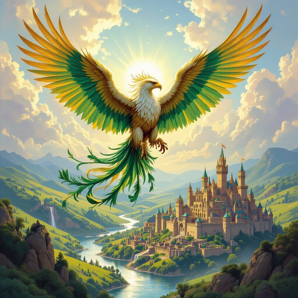 Griffin Soaring Over Medieval Kingdom: Fantasy Art