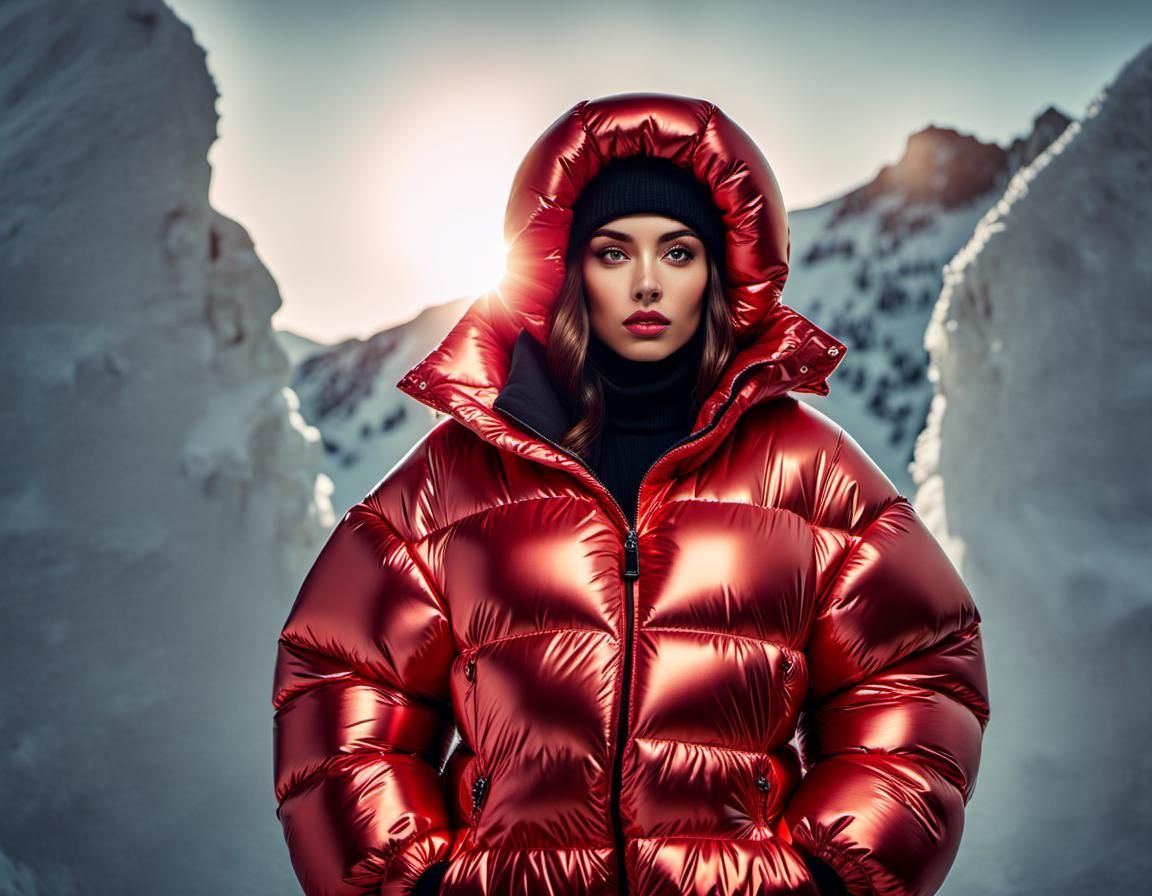 Ski Fashion: Red Metallic Puffer Jacket in the Alps