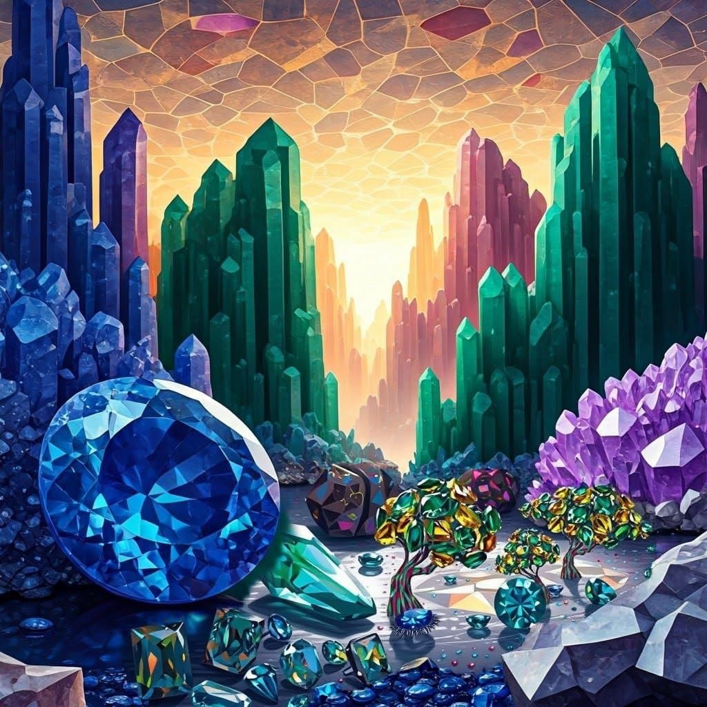 Sapphire and Gemstone Landscape in Ethereal Light