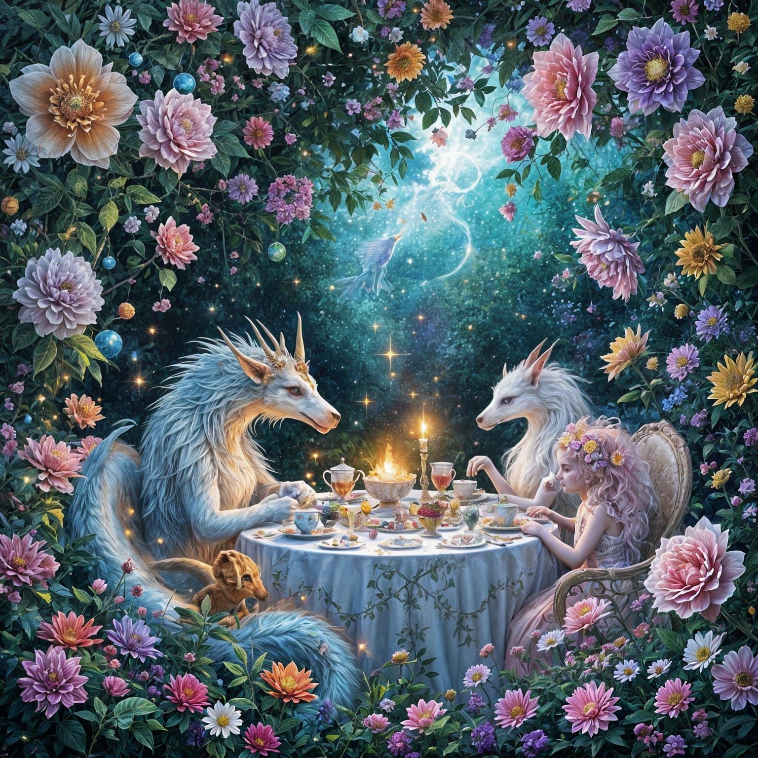 Surreal Gem Garden Tea Party with Mythical Creatures