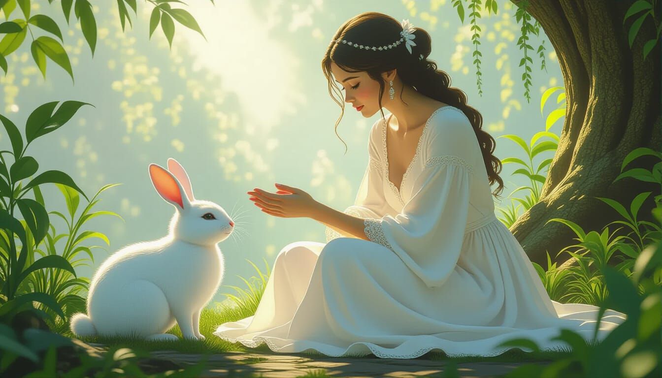 Woman's Kindness to Animals in Dreamy Fantasy Setting