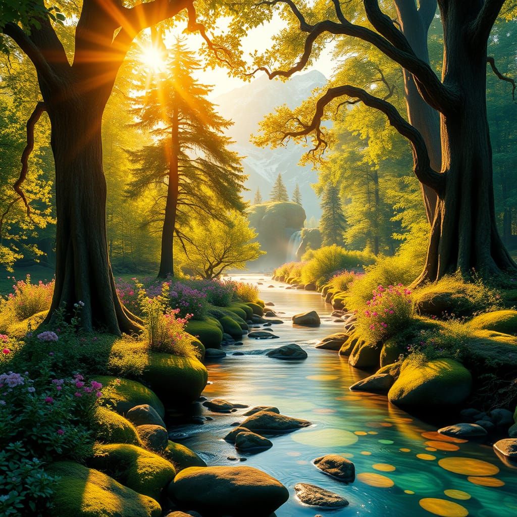 Surreal Landscape of Ancient Forest and Majestic Mountains i...