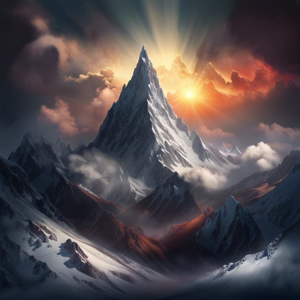 Snowy Mountain Peak in Dramatic Fantasy Art