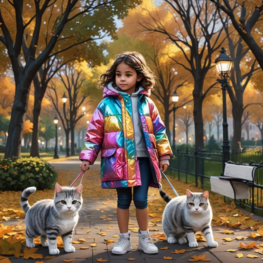 Girl Hugging Cat in Autumn Park, 3D Animation