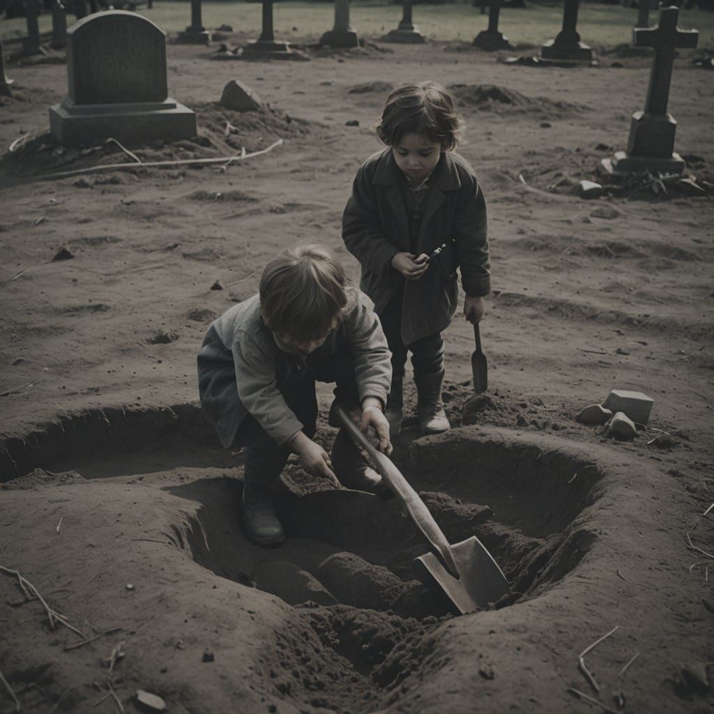 Eerie Scene: Child Digging Grave in Cinematic Style