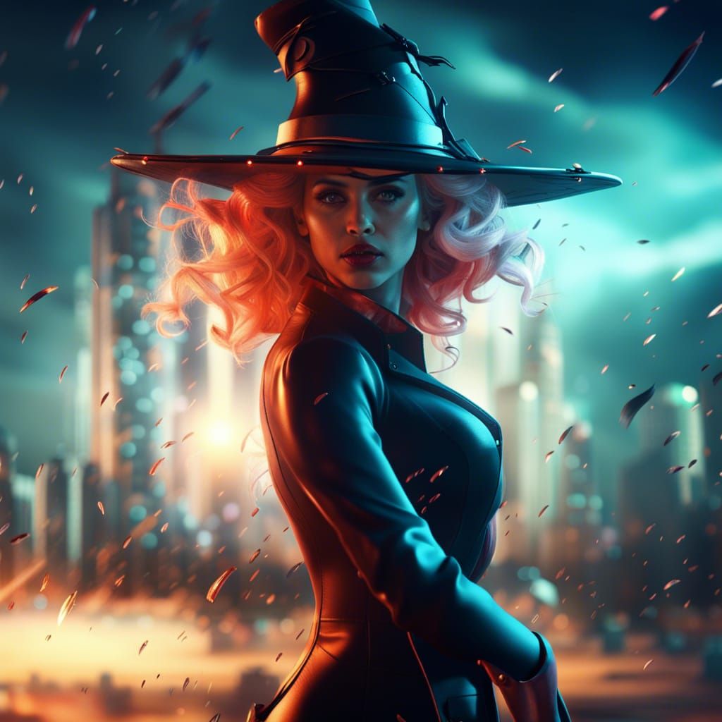 Futuristic Detective Witch in Detailed Matte Painting