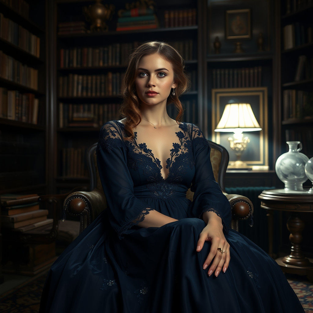 Maddy in Victorian Study, Hyperrealistic Photography