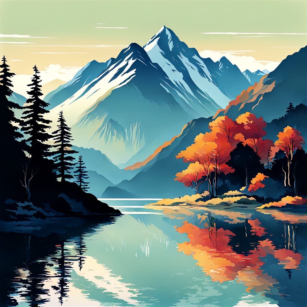 Art Deco Mountain Lake Serenity Painting