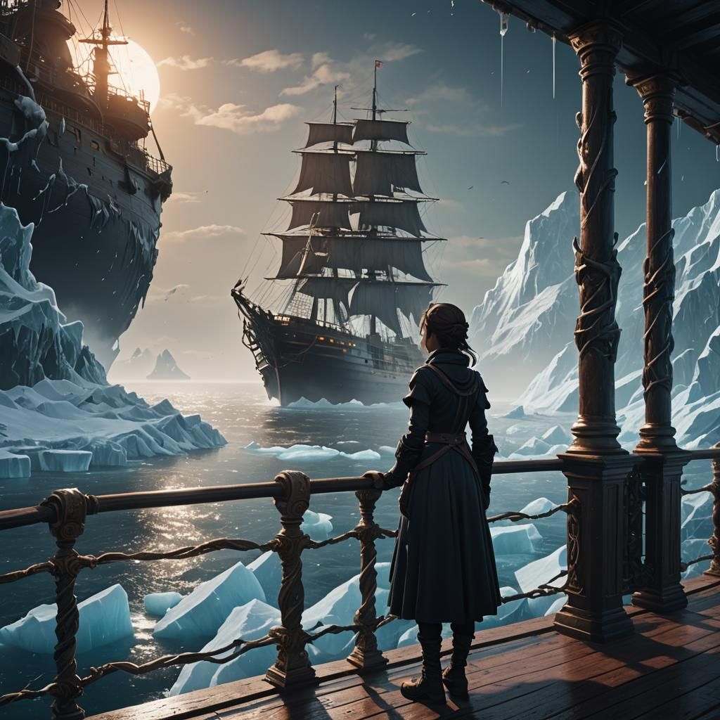 Silhouette of Girl on Ship in Frozen Ocean