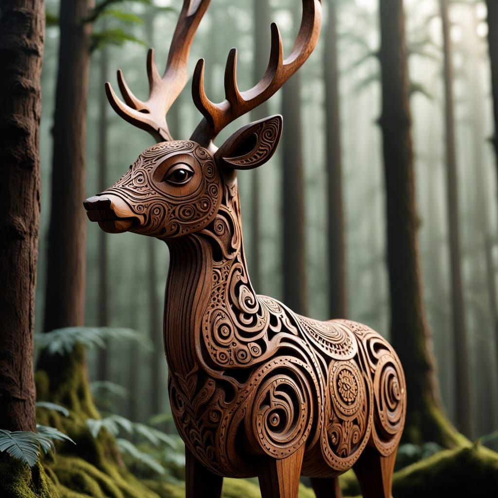Dayak Deer Carving in Indonesian Folk Art Style