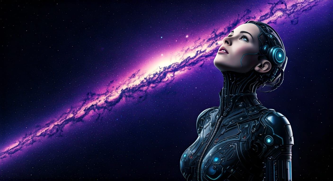 Cyborg Woman Gazing at Cosmic Starscape