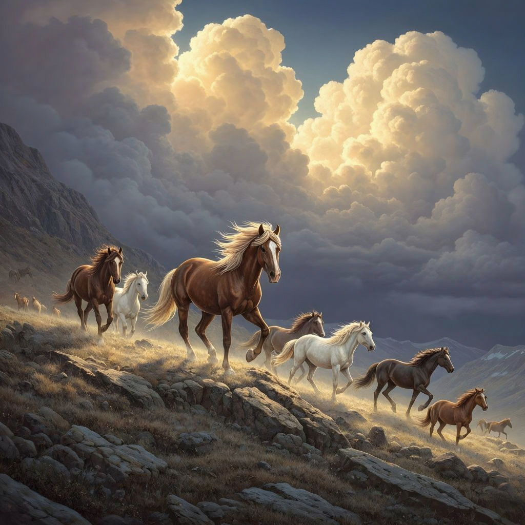 Wild Horses Galloping Through Mountainous Terrain