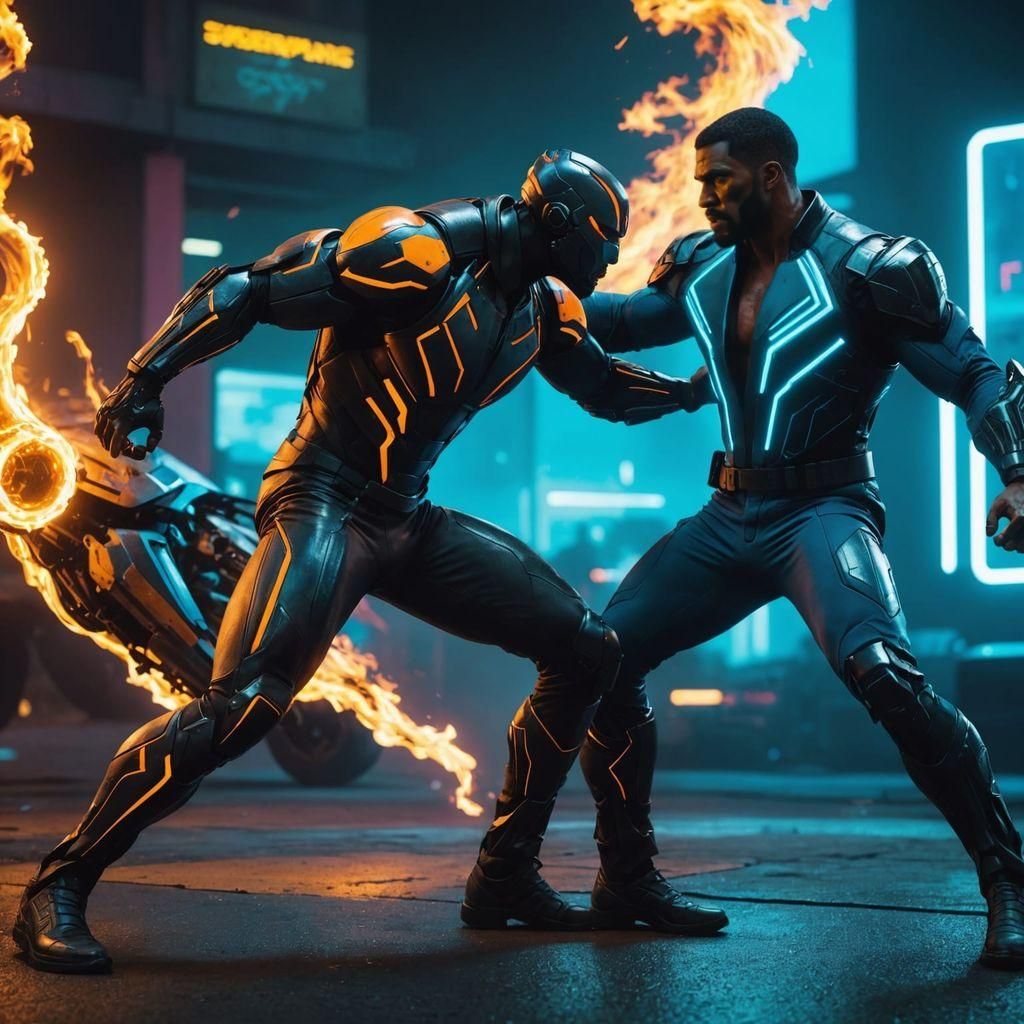 Cyberpunk Superhero Battles Fiery Beast in Neon City