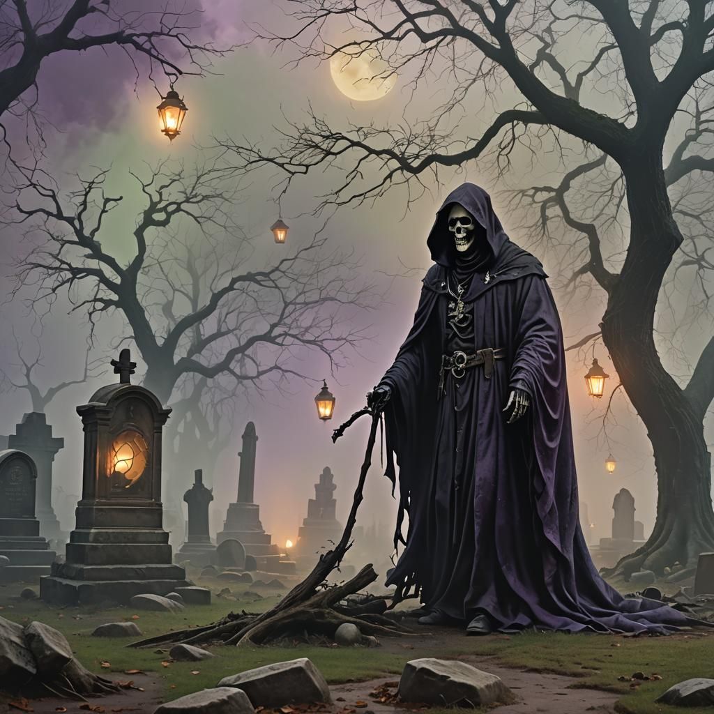 Eerie Grim Reaper in Foggy Graveyard: Gothic Fantasy Art