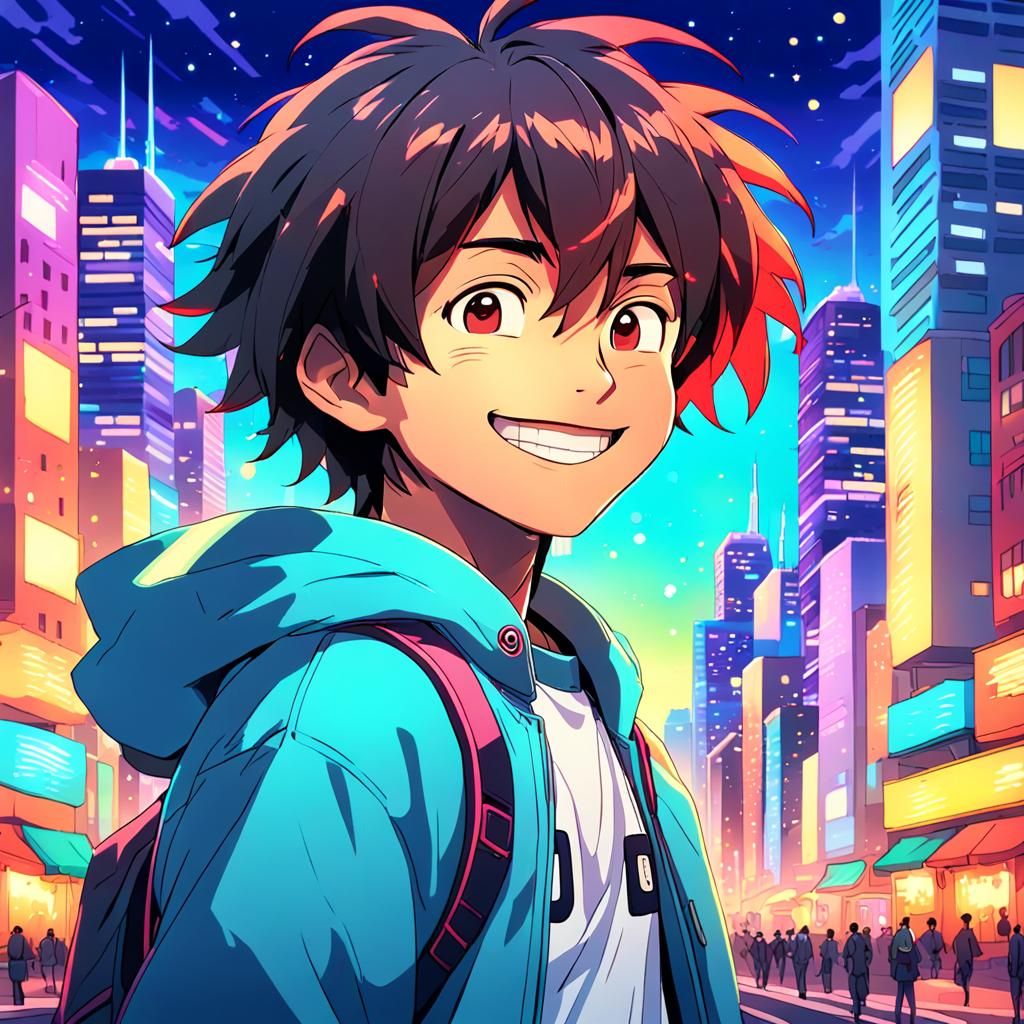 Anime Boy Smiling in Colorful Cityscape