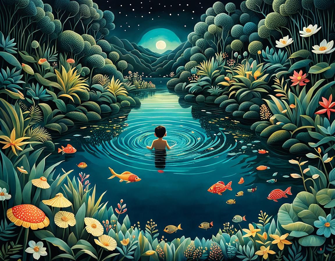 Magical Nighttime Swimming: Intricate Storybook Illustration