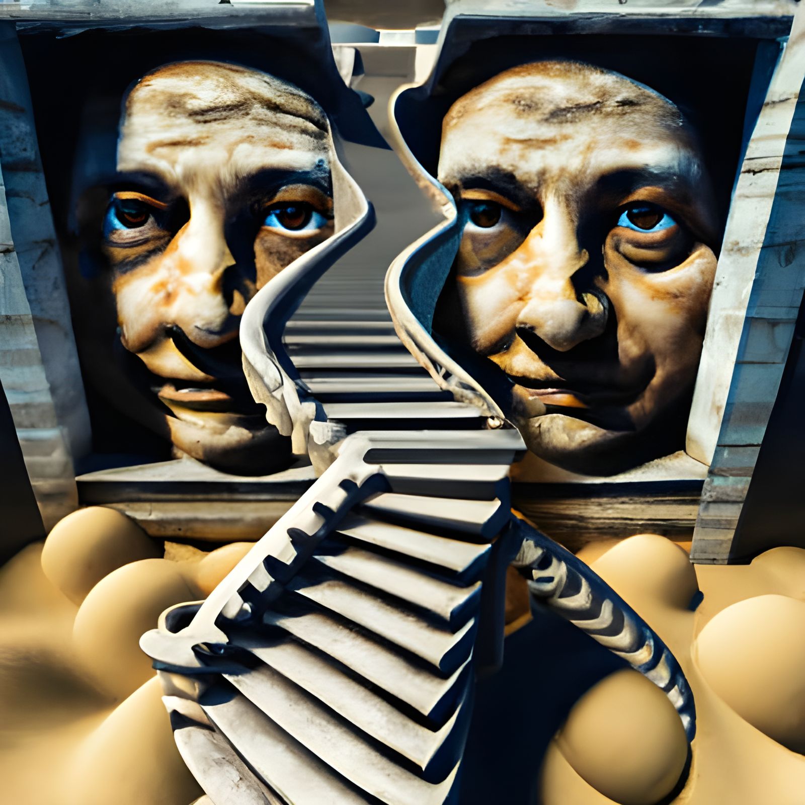 Escher-Inspired Stairway Faces in Sand