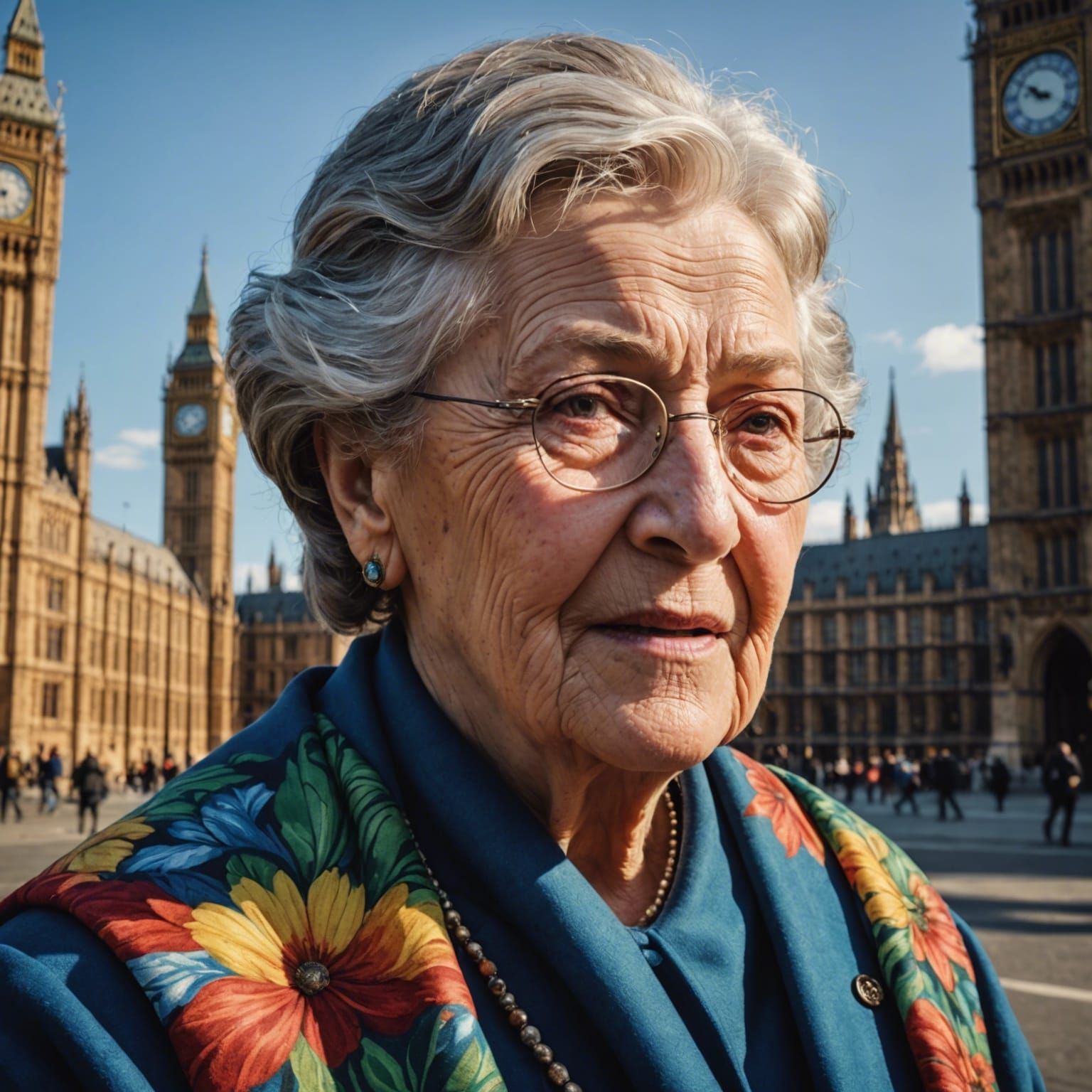 Grandmother Outside Parliament: Hyperrealistic Splash Art